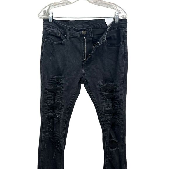 MNML Mens Jeans Stretch Slim Straight Distressed Raw‎ Zip Fly Black Size 32W - Picture 3 of 7